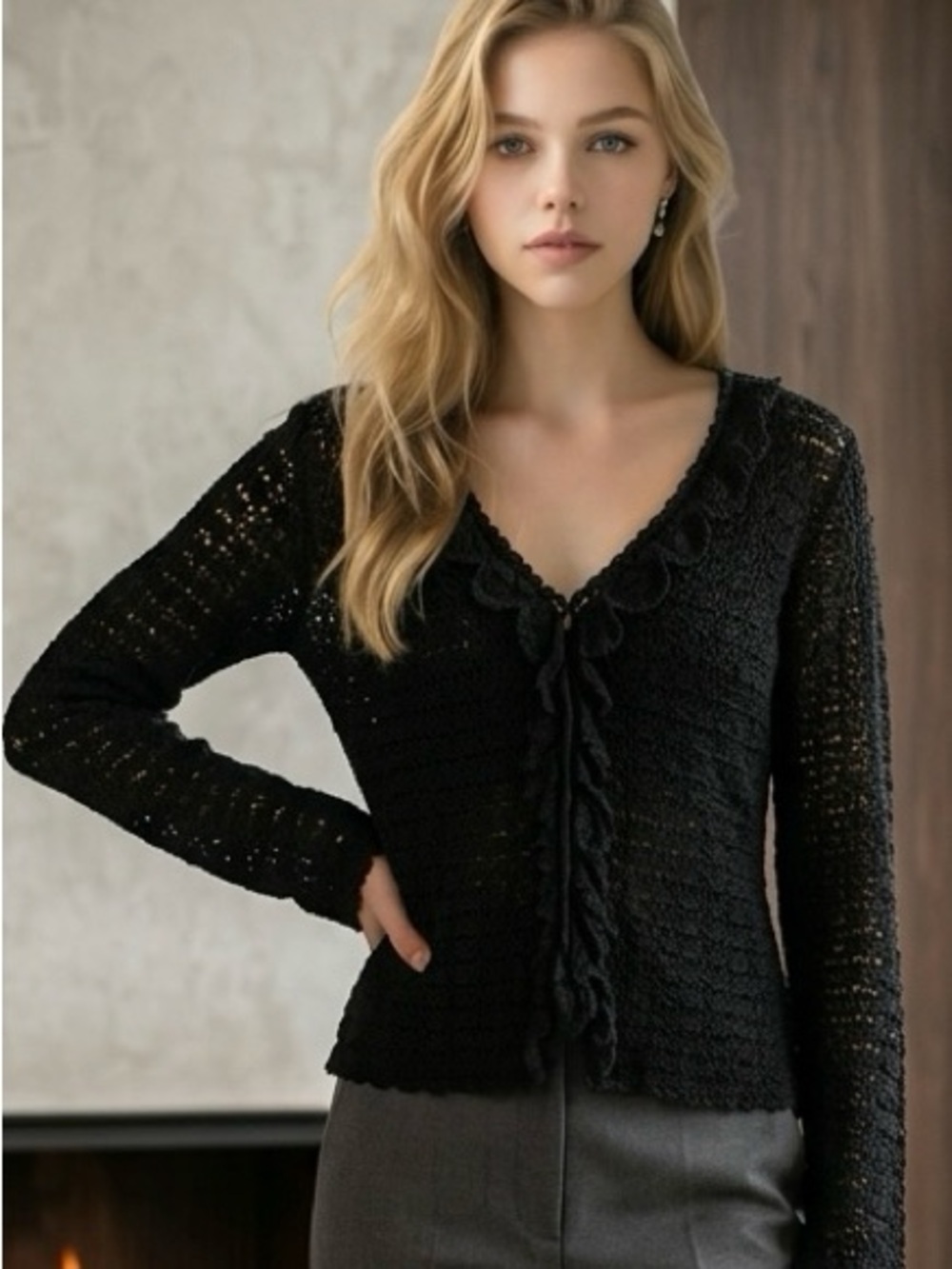Y2K Vtg women Sz S Crochet open knit black lace Silk blend lined Whimsigoth Top